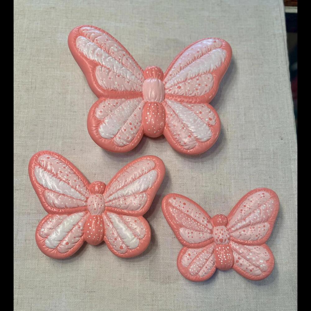 Vintage Set of 3 Puffy Pink Butterfly Wall Hangers